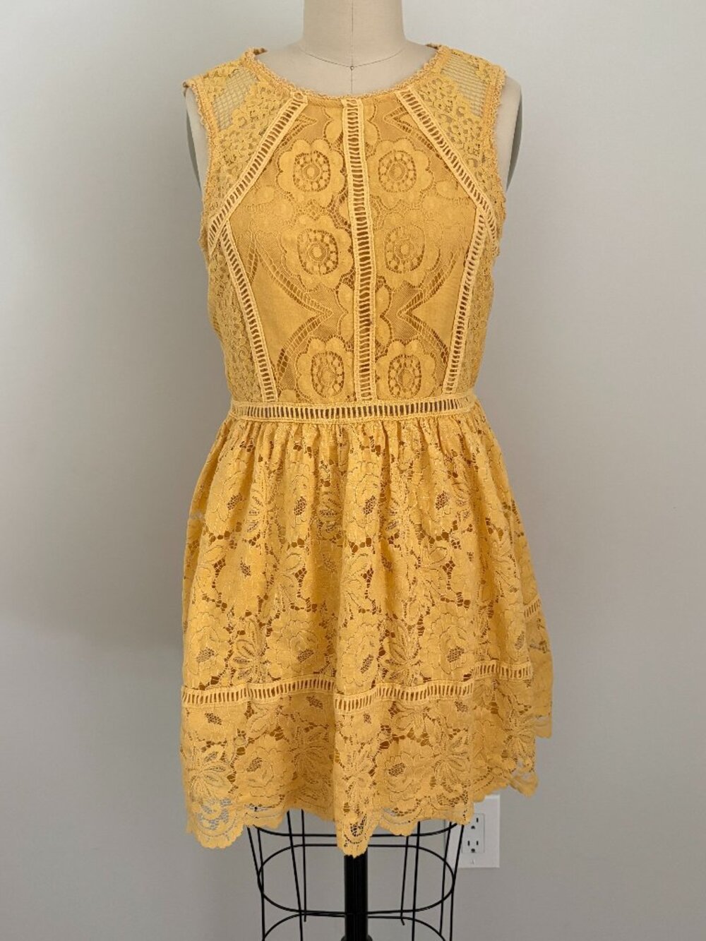 Xhilaration Mustard Yellow Lace Fit Flare Dress Boho Summer Mini Cottagecore M